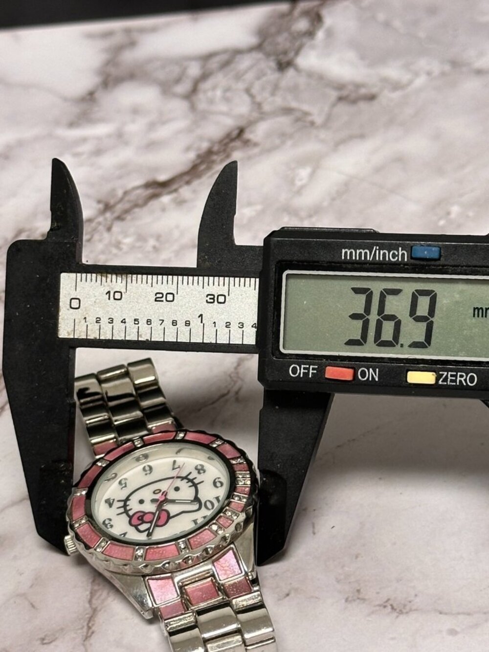 3/$30 Hello Kitty Watch Women Silver Tone Pink Shell Inlays 36MM 7.25" - Picture 11 of 13